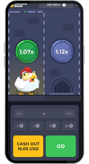 Chicken Road active round showing 1.07x and 1.12x multipliers with Cash Out button for 16.05 USD