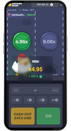 Chicken Road win screen showing x4.95 multiplier with a payout of 247.5 USD