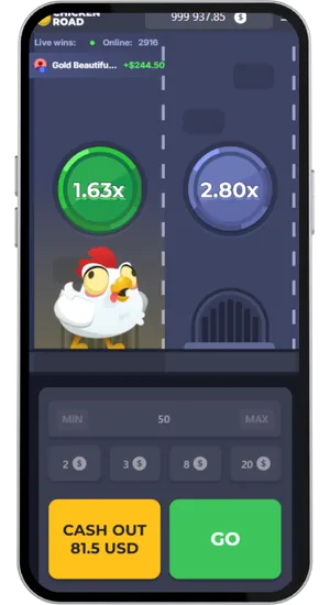 Chicken Road gameplay with 1.63x and 2.80x multipliers active and Cash Out option at 81.5 USD