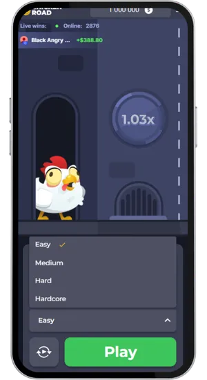 Adjusting bet between £0.01 and £150 and selecting one of 4 difficulty modes in Chicken Road