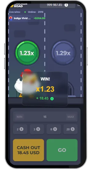 Chicken Road win screen displaying x1.23 multiplier with a reward of 18.45 USD